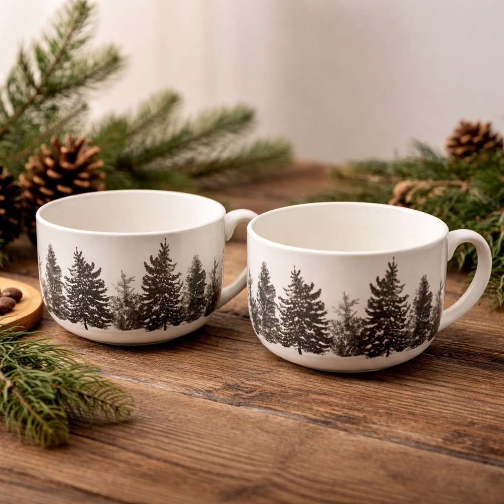 Tag Stoneware Soup Mug Evergreen Trees Rustic Cabin Oversized Coffee Cup